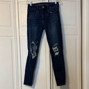 American Eagle Outfitters Dark Indigo Distressed Hi-rise Jegging Jeans - Women's